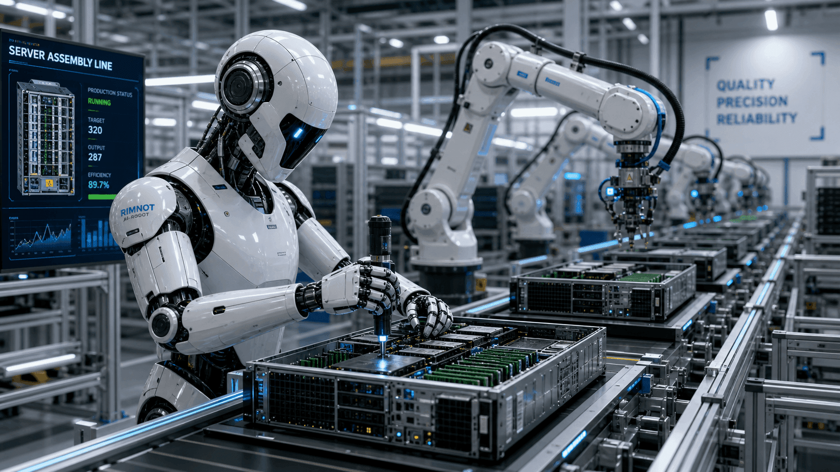 Two robotic arms assembling a server rack in a brightly lit factory, with engineers monitoring a digital display…