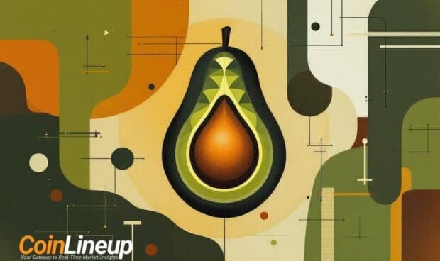 Avocado fruit with a glowing digital AI emblem superimposed, resting on a wooden table against a blurred background…