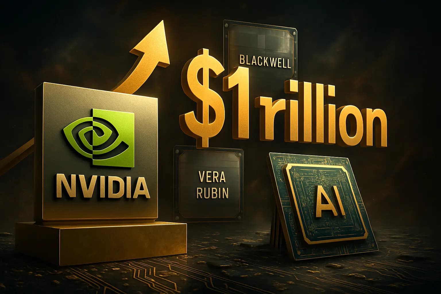 Jensen Huang on stage holding a large Nvidia chip, with Vera Rubin and Blackwell processor names displayed behind him