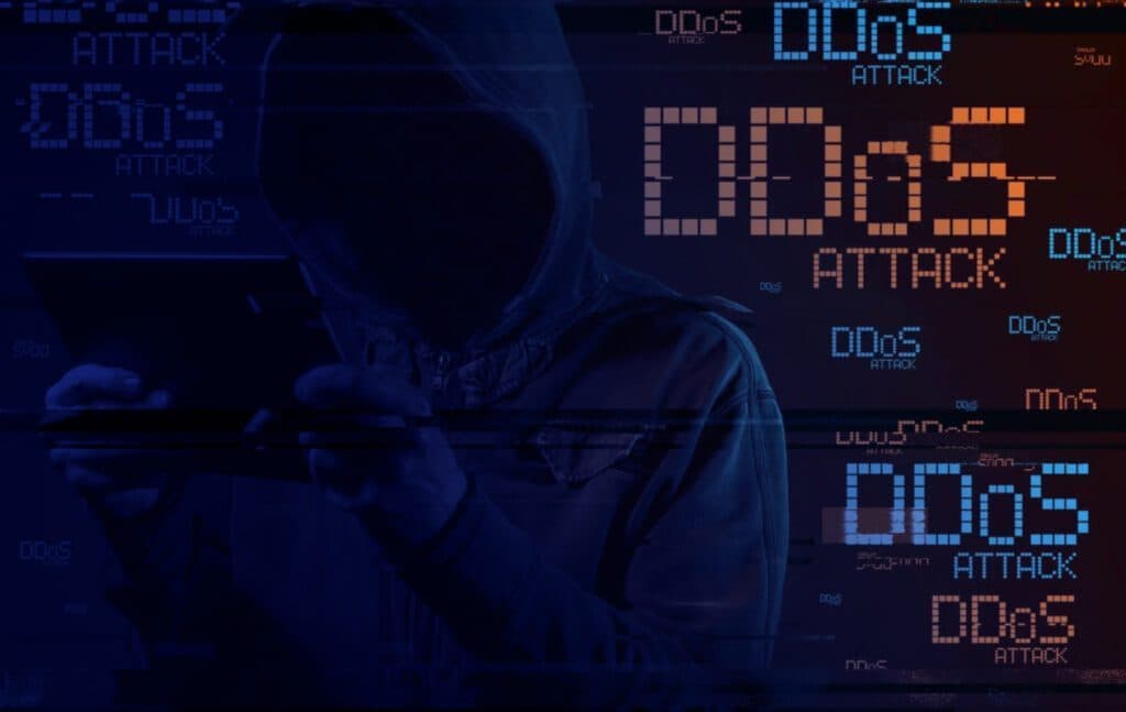 A network server dashboard showing a massive traffic spike labeled DDoS attack, with a line graph depicting requests…