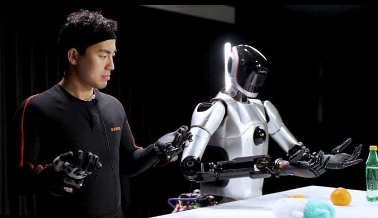 A humanoid robot replicates a home task, with optical motion capture markers visible on its frame and a human…