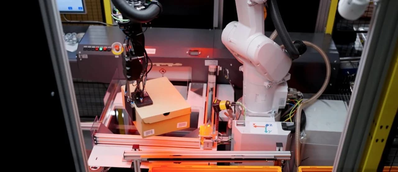 A Nomagic robotic arm with a suction gripper picks a clothing item from a bin inside a Zalando fulfillment center…