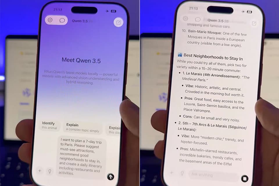 A smartphone displays Alibaba's Qwen AI interface, with a glowing brain icon and data streams, held over a circuit board