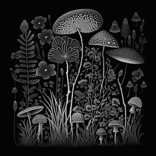 A black-and-white drawing of mushrooms and plants on a dark background, evoking a minimalist generative AI artwork