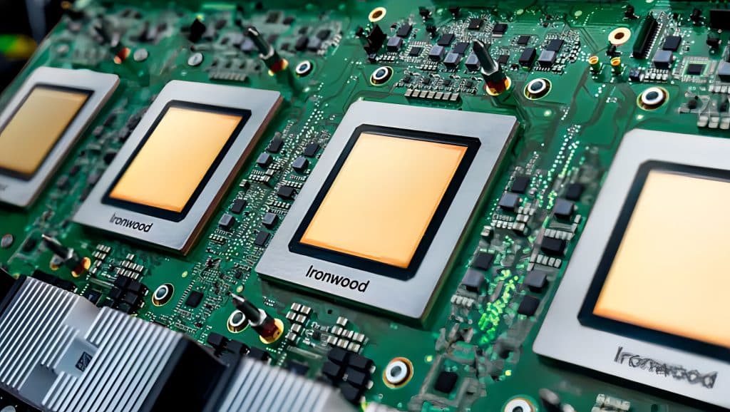 Engineers in cleanroom suits inspecting advanced AI chip wafers inside a high-tech semiconductor R&D facility with…