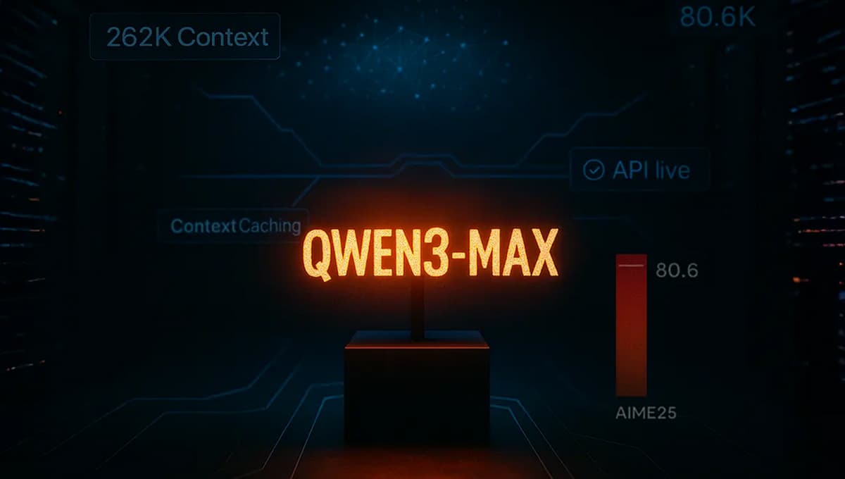 Alibaba Qwen logo on a dark tech-themed backdrop with abstract neural network graphics and subtle data streams
