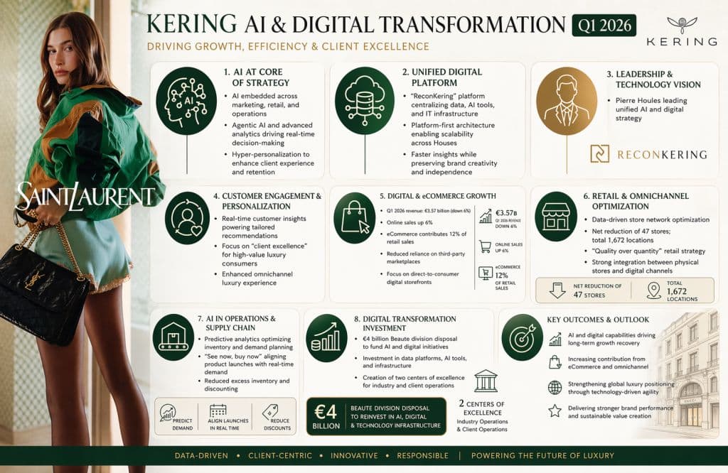 A Kering executive gestures at a digital dashboard showing supply chain data, with Google Cloud and Vertex AI logos…