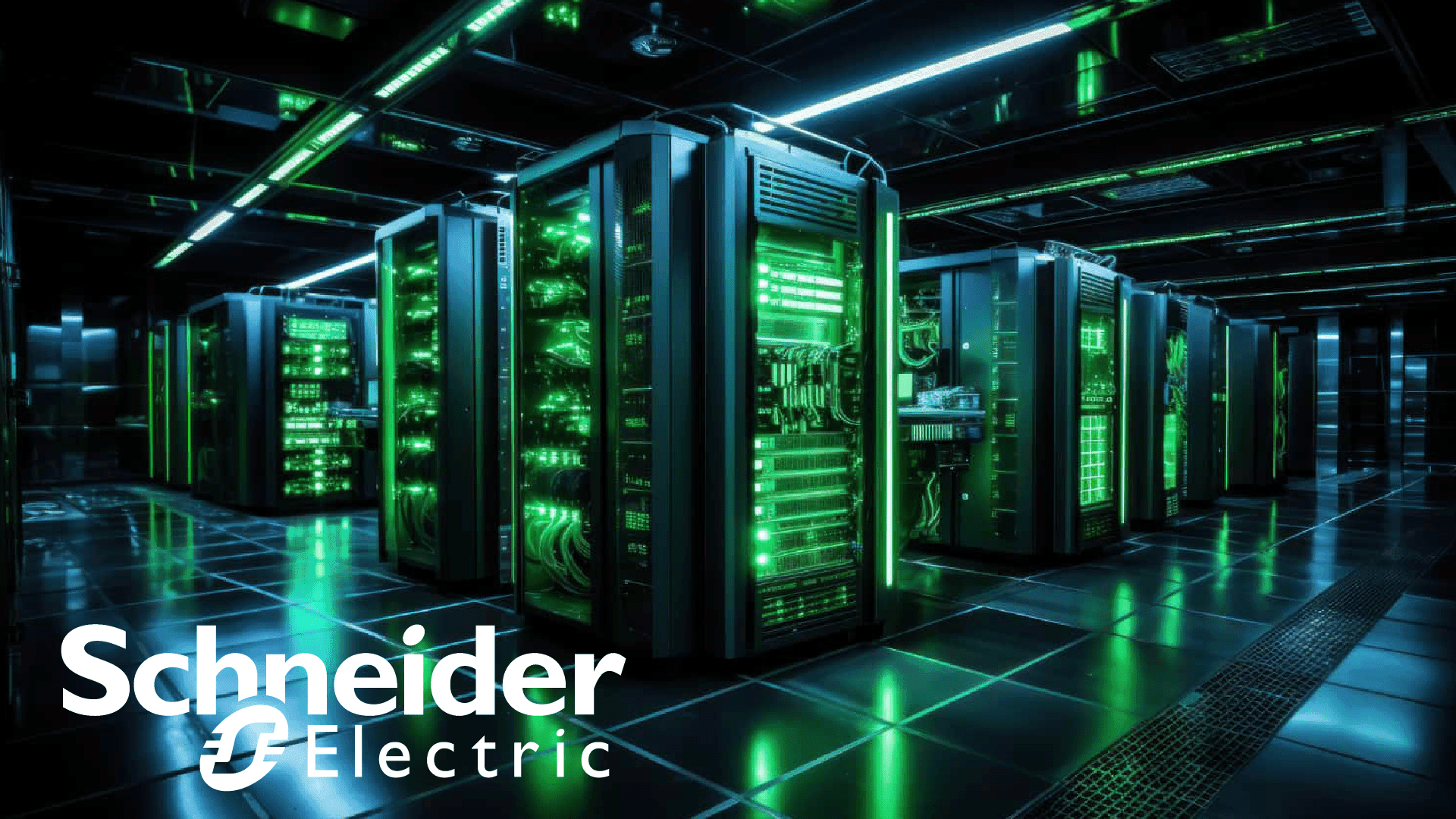 Two business leaders in suits shake hands in a modern data center, with rows of server racks and blinking LED lights…