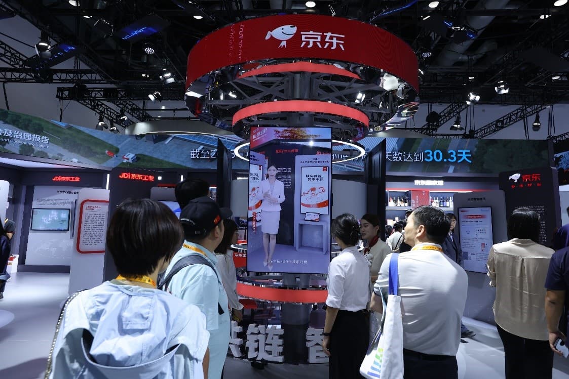 Shoppers browsing a bright JD.com retail space with AI-powered gift recommendation displays and festive Qixi decorations