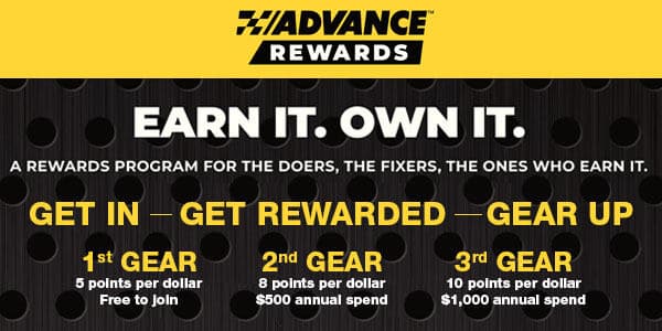 Loyalty program tiers display on a smartphone, with a person holding the phone near Advance Auto Parts store shelves…