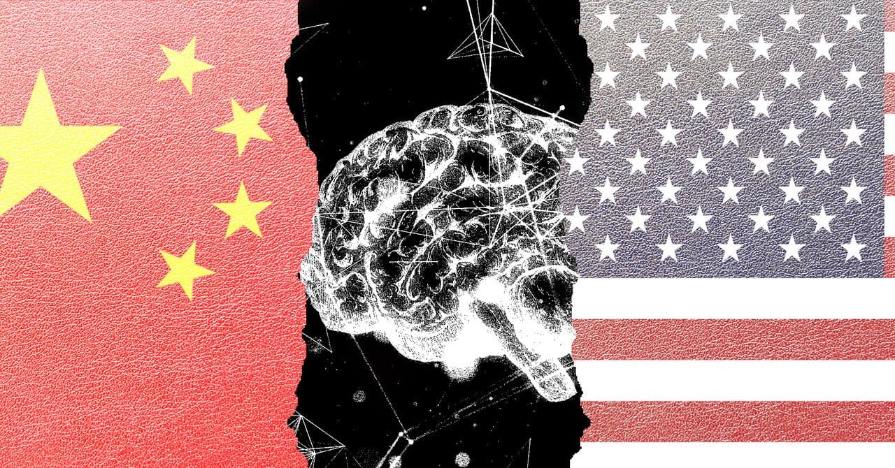 US Treasury building exterior; Chinese AI model logos overlaid; American businessman using laptop with Chinese AI…