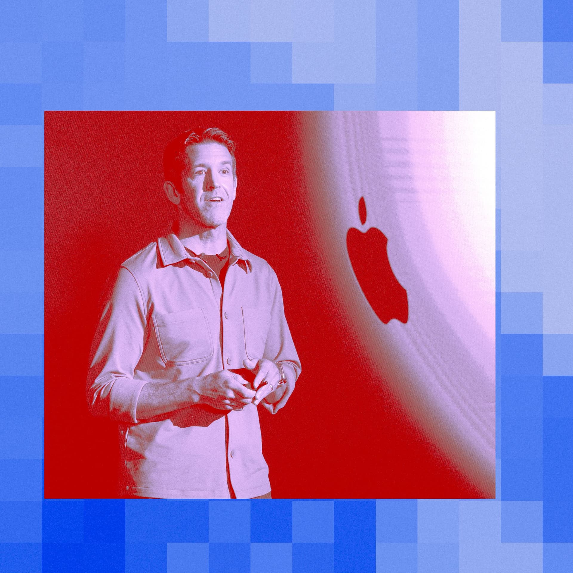John Ternus, Apple executive, stands in a modern office, likely discussing AI strategy, with a focused expression…
