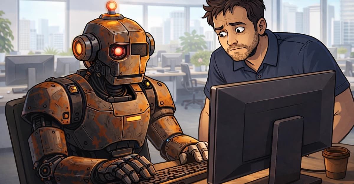 A developer at a workstation reviewing code changes on a monitor while a robotic arm hovers nearby, symbolizing…