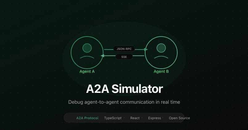 Developer using a local simulator to debug two AI agents exchanging messages via the A2A protocol, with conversation…