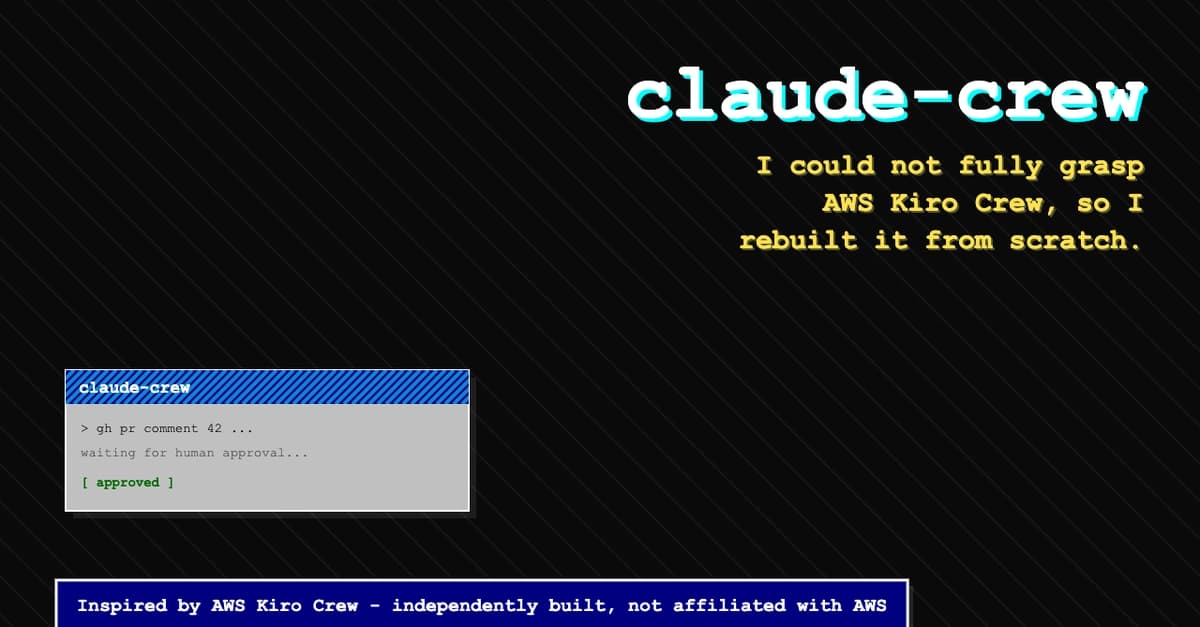 Developer console showing AWS Kiro Crew orchestrating a persistent coding agent with memory and scheduling panels