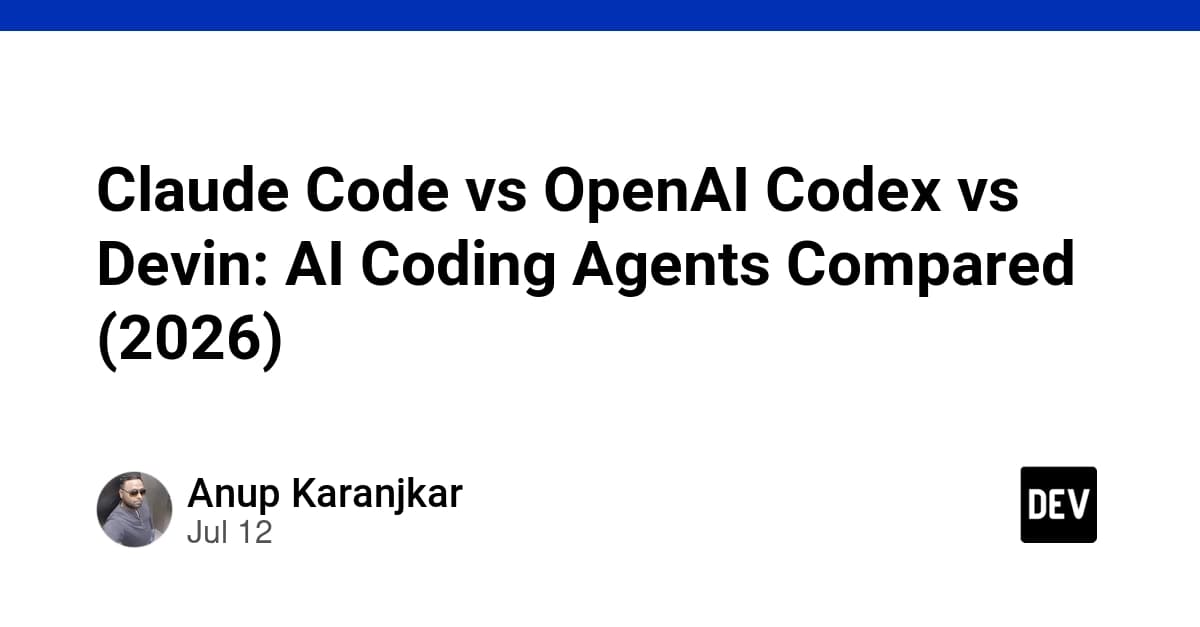 Three AI coding agents—Claude Code, OpenAI Codex, and Devin—displayed side by side on a laptop screen, with Claude…