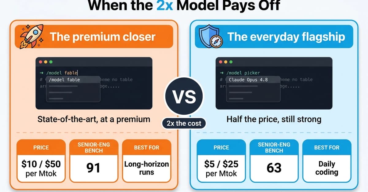 Developer comparing Claude Fable 5 routing to previous model in Claude Code interface, with weekly limit savings…