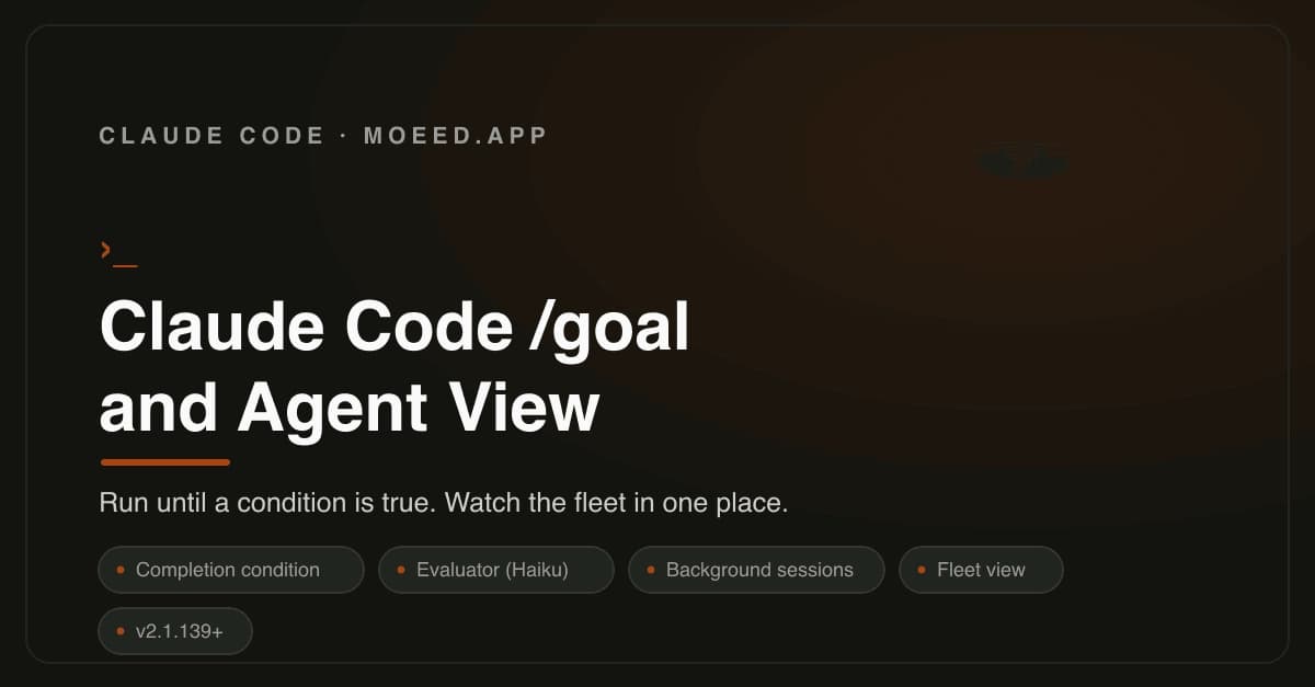 Developer terminal showing Claude Code /goal command with Haiku evaluator, Agent View interface for automated…