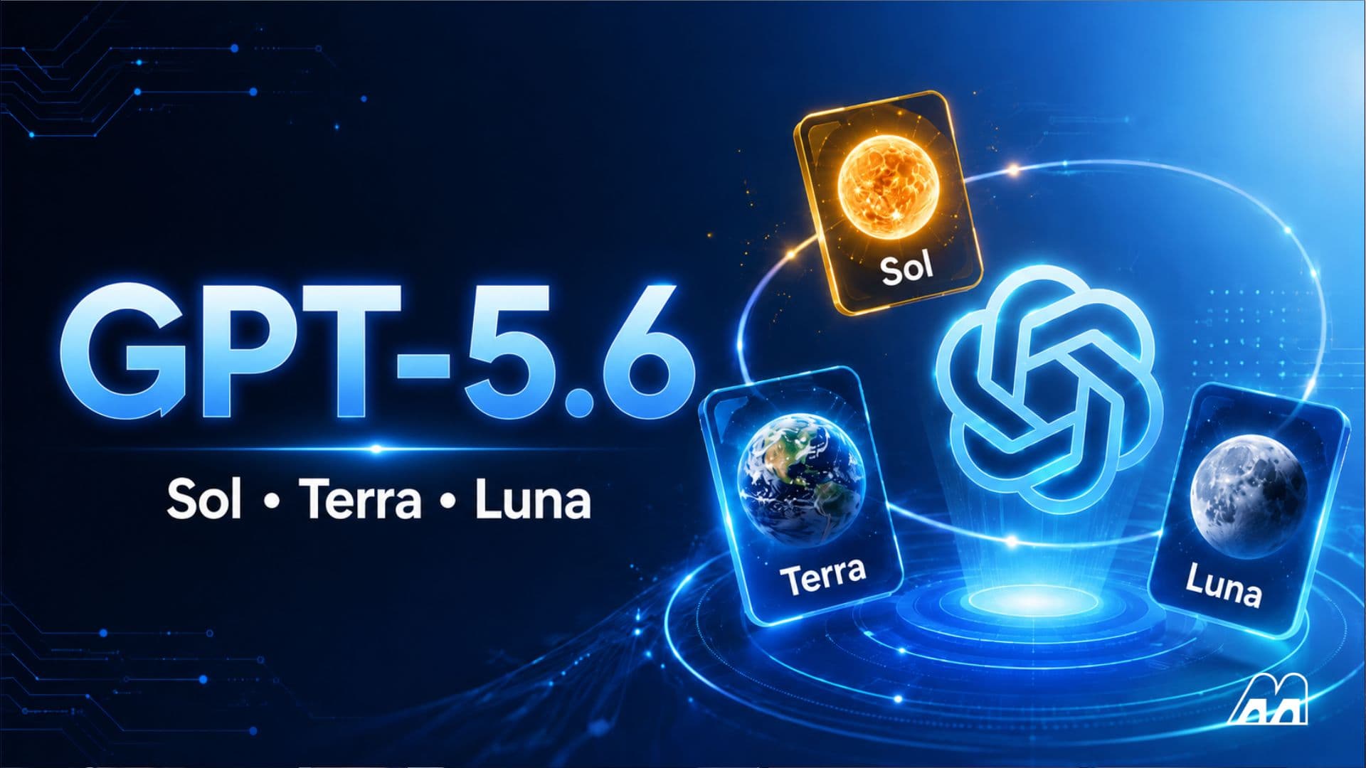 OpenAI logo on a dark screen, with three glowing model names Sol, Terra, and Luna displayed beneath it