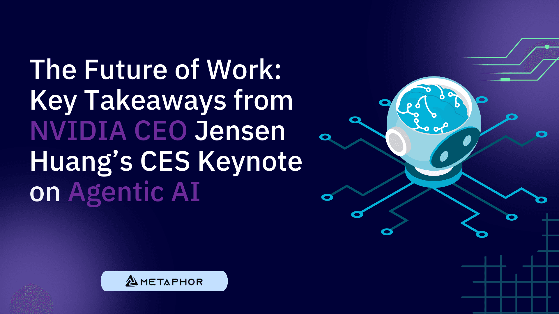 NVIDIA CEO Jensen Huang on stage at CES 2025, gesturing toward a large screen displaying AI agent architecture…