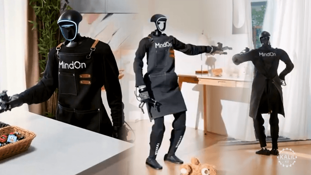 Unitree G1 humanoid robot autonomously picking up scattered household items in a demo by MindOn