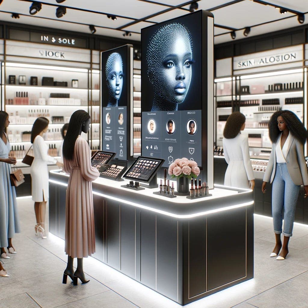 A diverse group of people using a smartphone app to scan beauty products on a shelf, with AI-powered recommendations…