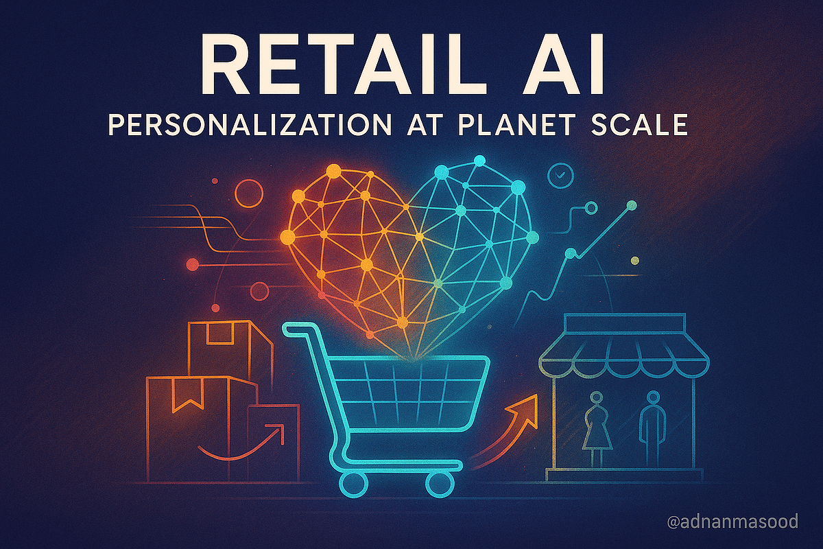 A shopper holds a smartphone displaying an AI shopping assistant interface, with floating icons of products and a…