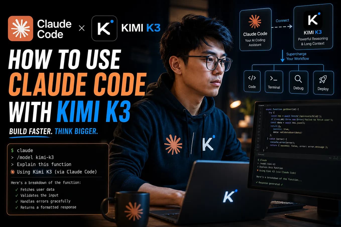 Developer terminal showing Claude Code interface with Kimi K3 model selected via OpenRouter, code editor and chat…