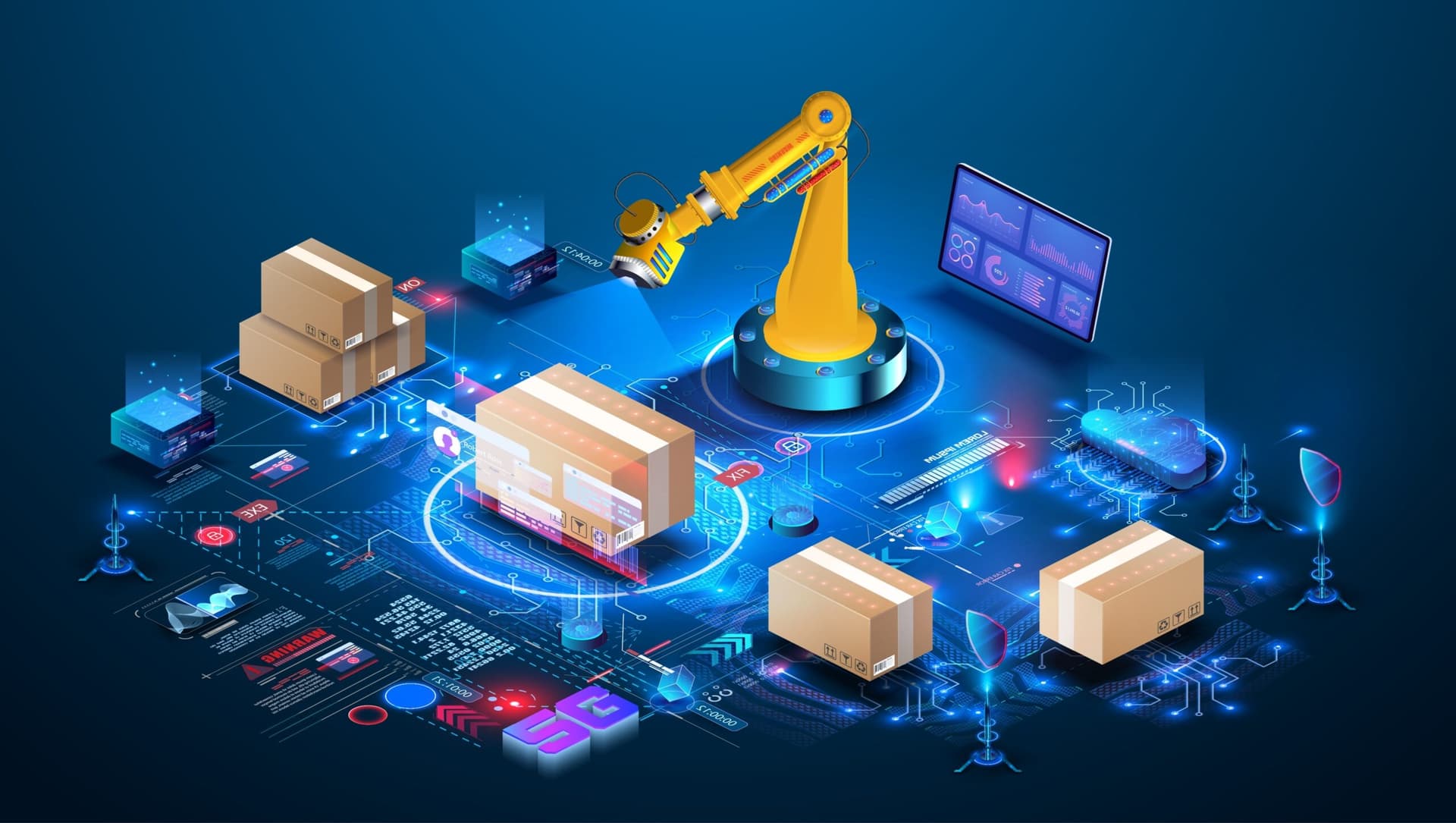 A stylized digital graphic showing supply chain network with AI icons, computer vision elements, and grocery items…