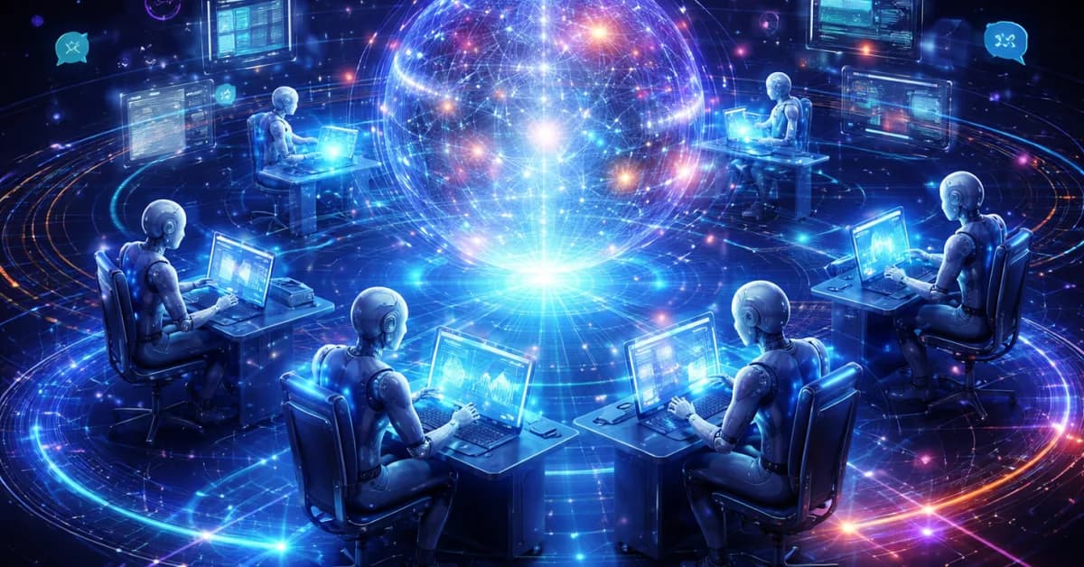A visual canvas showing a network of connected AI agent nodes processing tasks, with a user typing natural language…