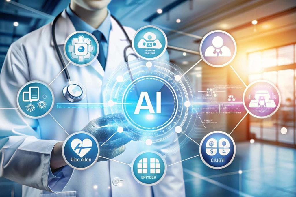 A doctor and a medical researcher examine AI-generated diagnostic data on a large screen in a modern hospital room