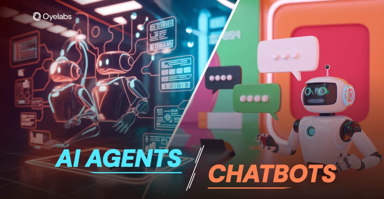 Split screen shows a futuristic robot on the left labeled 'AI Agents' and a chat bubble on the right labeled…