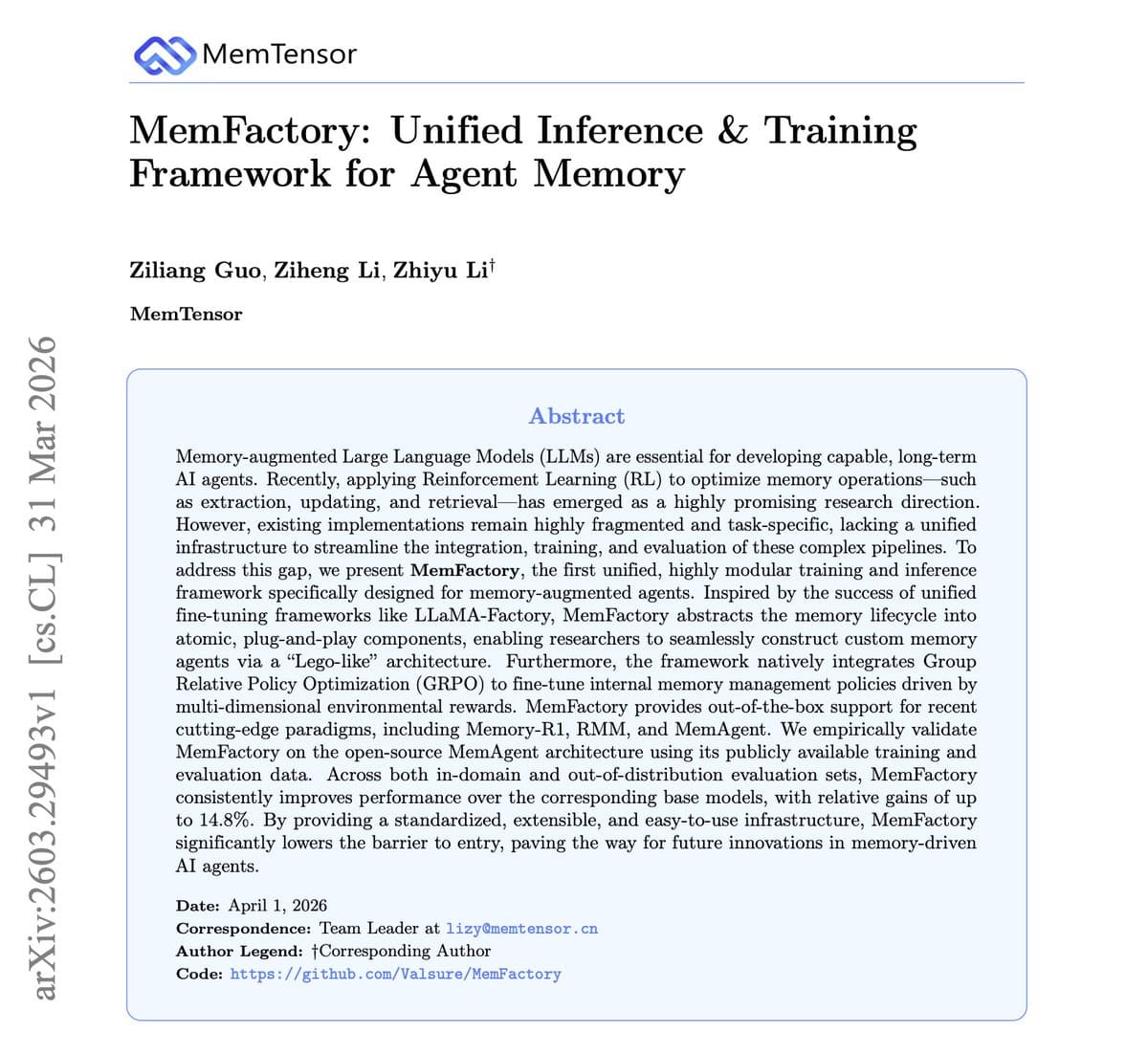 A diagram illustrates the MemFactory framework showing agent memory training and inference flows with performance…