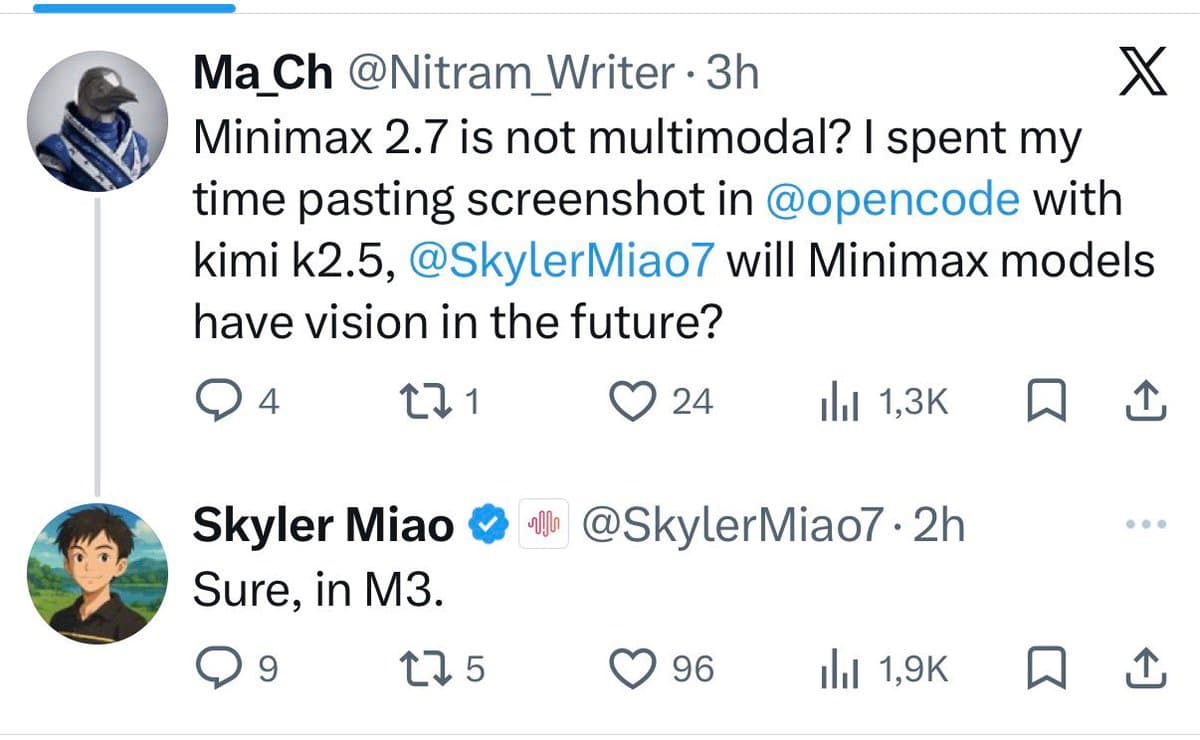 Minimax social media post with text teasing 'm3' multimodal model development, featuring a stylized AI graphic and…