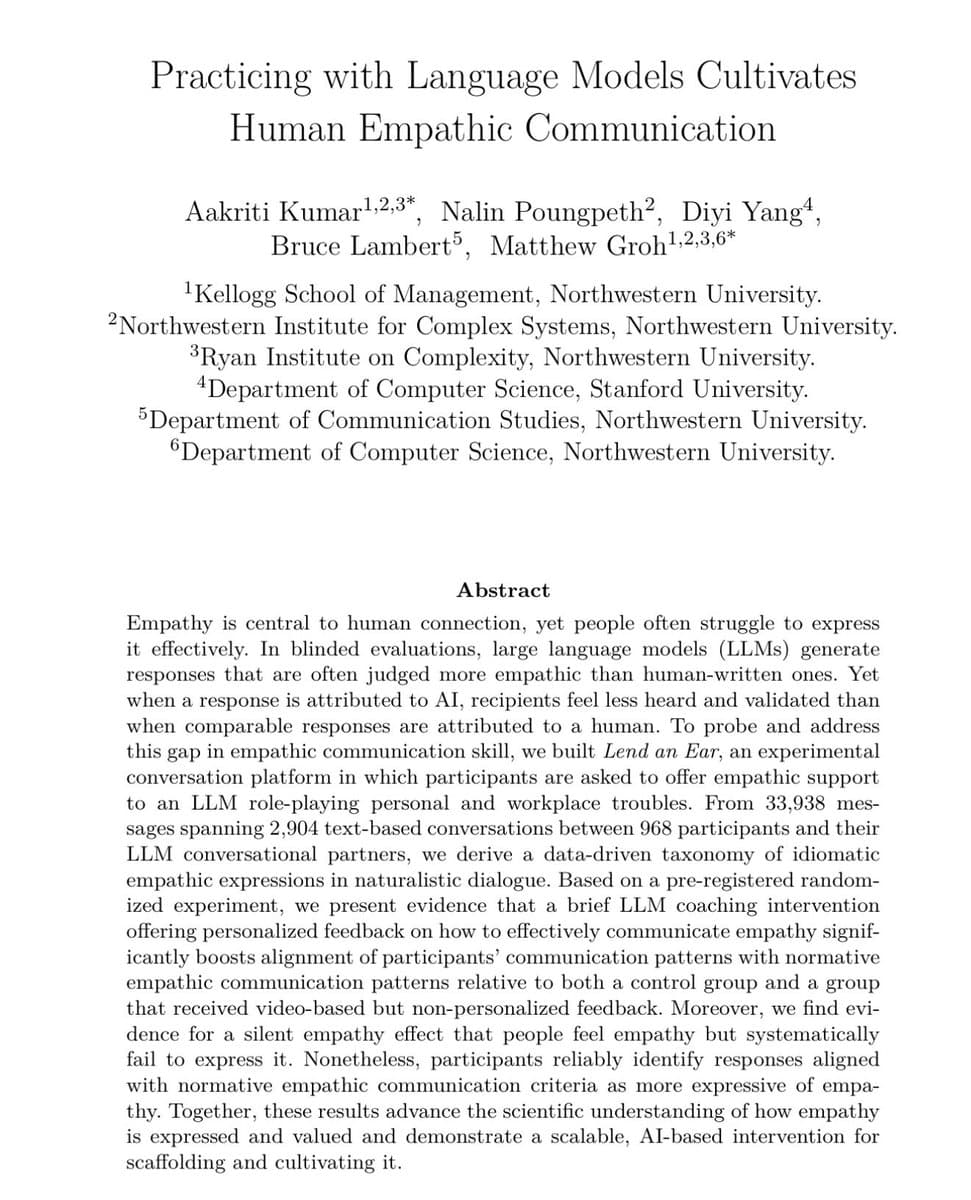 AI Coaching Session Improves Empathetic Communication in 968-Person Study, Finds Weak Link Between Feeling and Communicating Empathy