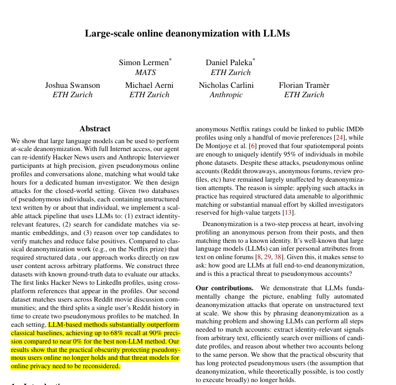 LLM-Based System Achieves 68% Recall at 90% Precision for Online User Deanonymization