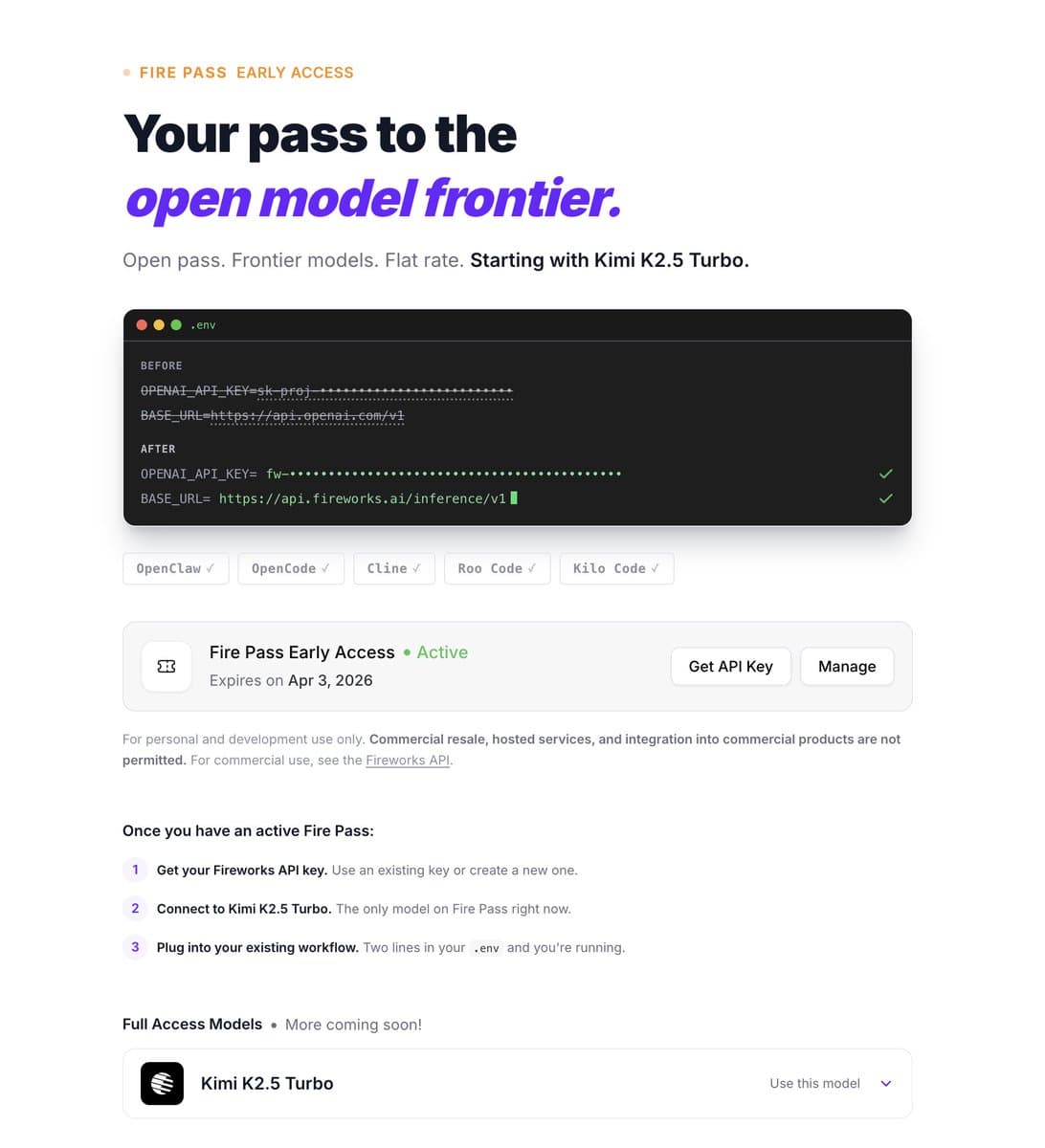A sleek, modern AI interface dashboard displays a glowing 'Fire Pass' subscription badge alongside a speed gauge…