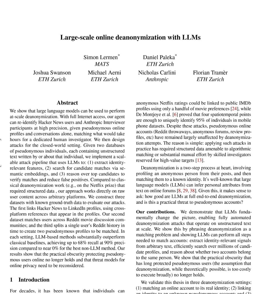 AI System Re-Identifies 67% of Anonymous Users from Text for $4 Each