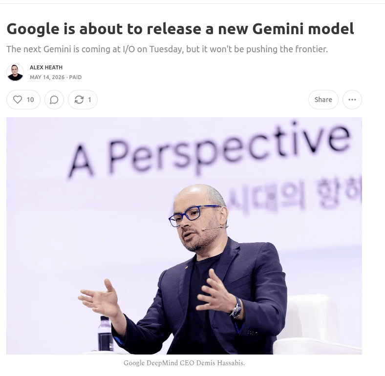 Google CEO Sundar Pichai on stage at I/O conference, presenting a slide comparing Gemini and GPT-5.5 performance…