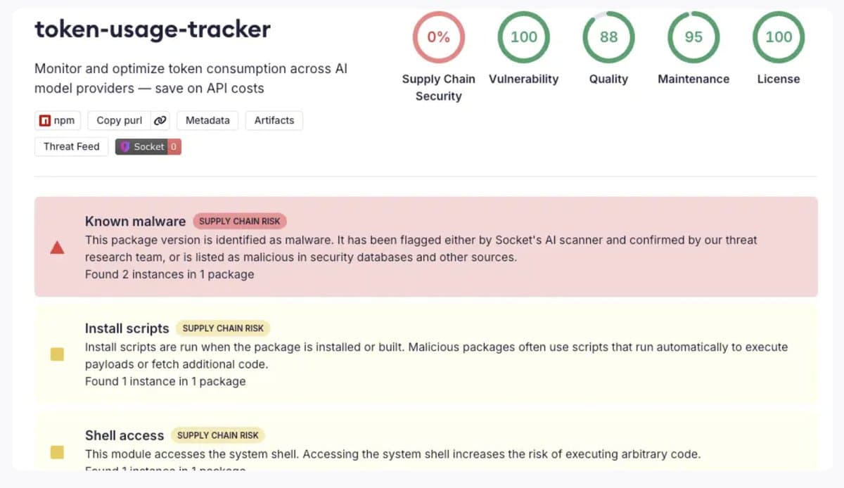 A hooded figure types on a laptop in a dark room, with glowing lines of code and package manager logos for npm…