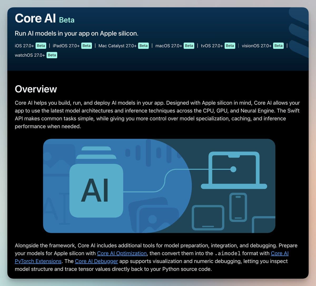 Apple Silicon chip labeled Core AI on a circuit board, no cloud connection lines visible