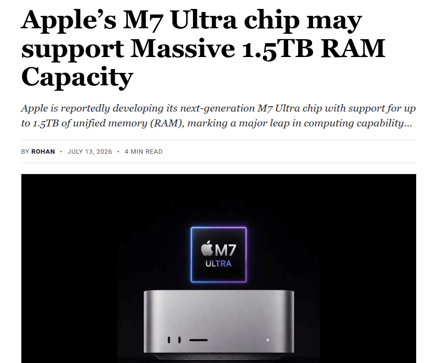 A close-up of a metallic Apple M7 Ultra chip on a dark circuit board, surrounded by memory modules and fine…
