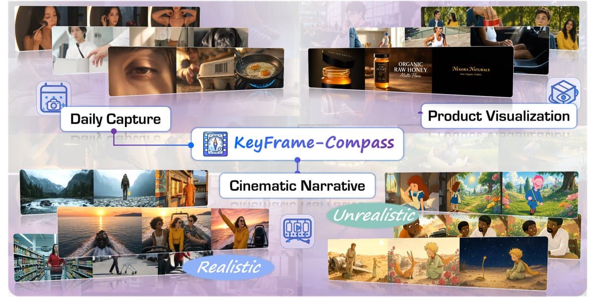 A split screen shows four video frames with a runner and a person on a scooter, illustrating keyframe generation quality