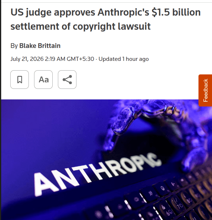 A judge's gavel rests on a legal document as a laptop displays the Claude AI interface, with stacks of books in the…