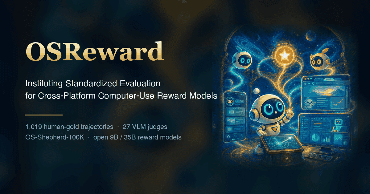 Laptop screen showing an AI agent interface with a reward score panel, benchmark chart, and cost comparison bars