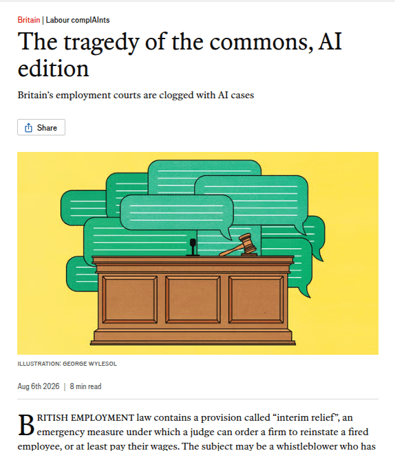 A crowded UK tribunal hearing room with a judge at the bench, stacks of case files overflowing on desks, and a…