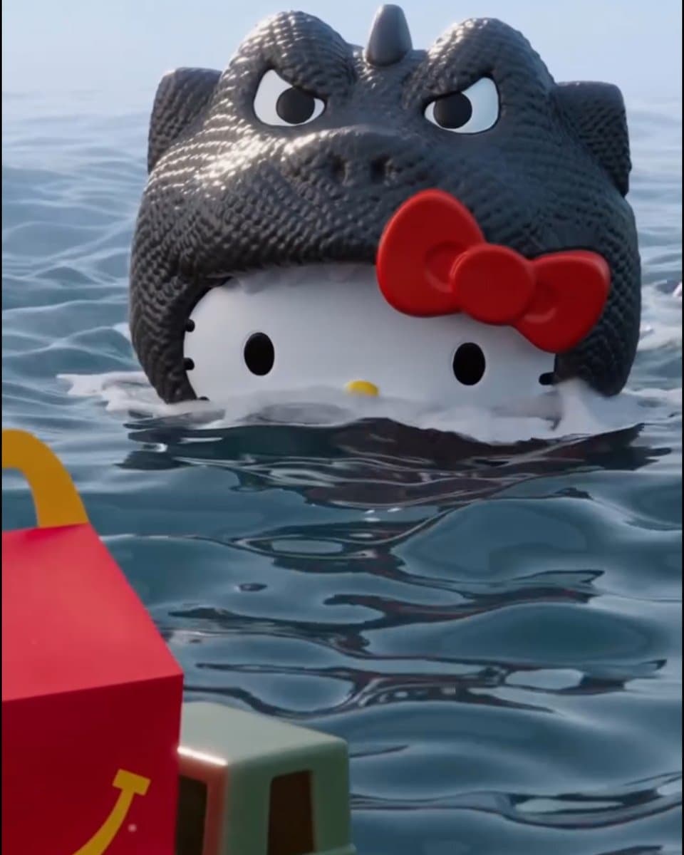 Hello Kitty plush styled as Godzilla inside a McDonald's Happy Meal box, with kaiju-inspired artwork and branding on…