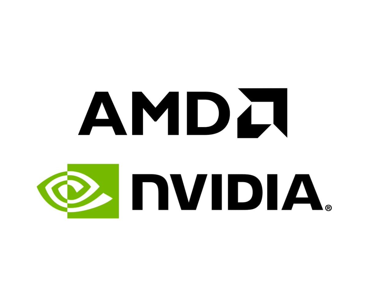 Two rival chipmakers' logos side by side on a dark tech background, symbolizing a new partnership between NVIDIA and AMD