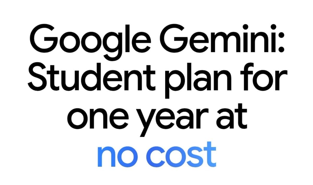 A student holding a smartphone with the Gemini app open, surrounded by books and a laptop, with a promotional banner…