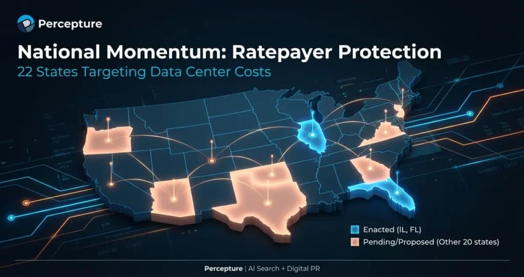 A U.S. map infographic highlights data center clusters as lawmakers debate a bill requiring tech firms to fund grid…